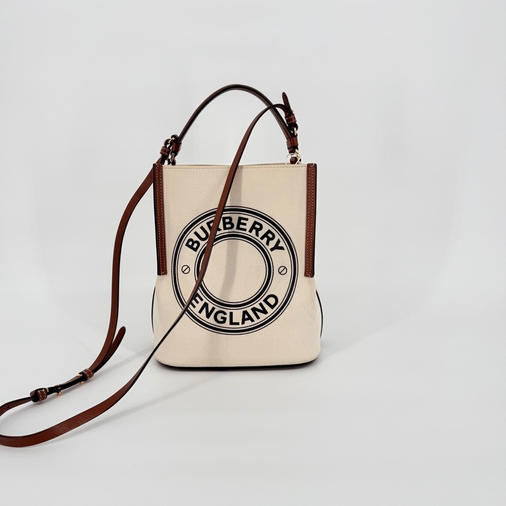Burberry Peggy Bucket Bag Cream Logo Cotton Canvas Leather Crossbody Neutral